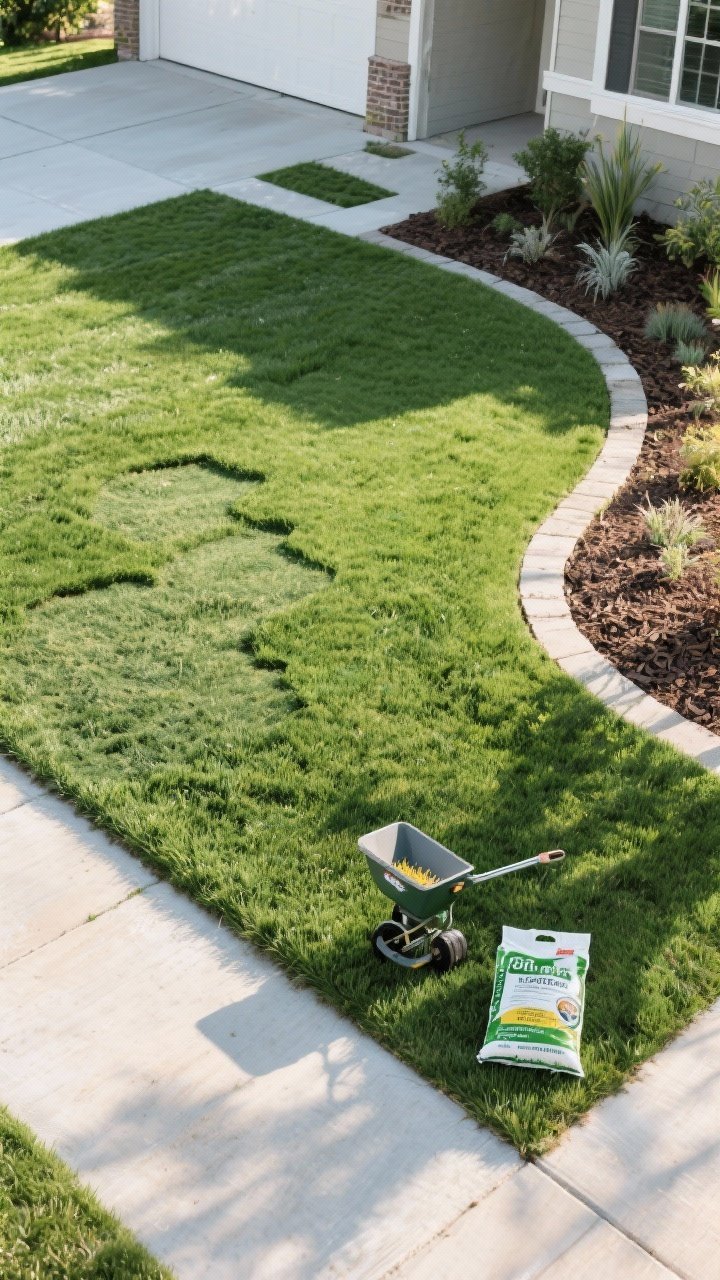 Photorealistic wide lawn-focused front yard, overhead-oblique angle: lush, consistent green grass with crisp, razor-sharp edges defining the line between lawn and mulched planting beds; recently overseeded patches blending in, a broadcast spreader and starter fertilizer bag neatly set aside; reduced grass area in a shady corner converted to a mulched bed with drought-tolerant plants; clean borders, bright morning light highlighting the tidy look