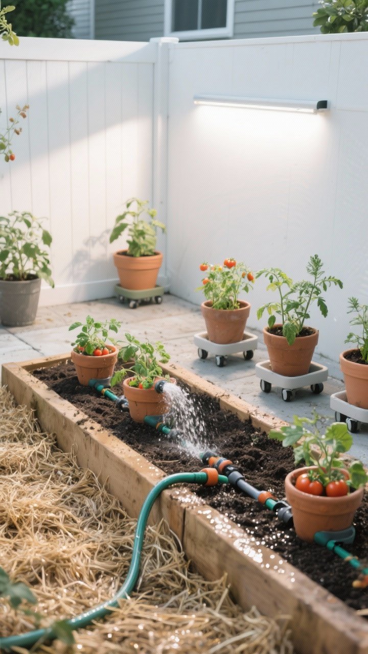 Photorealistic wide/medium shot of a tiny backyard bed and containers demonstrating water and light hacks: drip irrigation lines and a soaker hose delivering water at the base, straw mulch covering soil, several self-watering containers with tomatoes and herbs. A white wall reflector panel bouncing light onto plants; some containers on rolling caddies mid-rotation. Morning watering moment implied (wet mulch, glistening leaves), cool ambient light, tidy layout, no people.