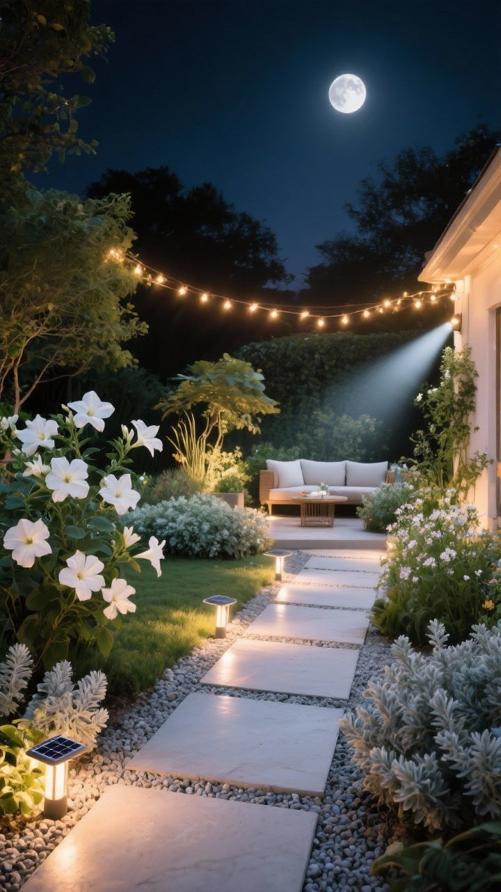 Photorealistic wide night shot of a moonlit garden nook: pale and reflective plants—moonflower, white impatiens, jasmine, dusty miller, silver thyme, lamb’s ear—glowing under layered warm lighting; solar path lights along a pale gravel walkway, warm string lights overhead, and a low-voltage spotlight grazing foliage; seating nearby with night-fragrant plants within scent range; reflective gravel and light-colored pavers subtly bouncing light; romantic after-dark ambiance, no harsh glare.