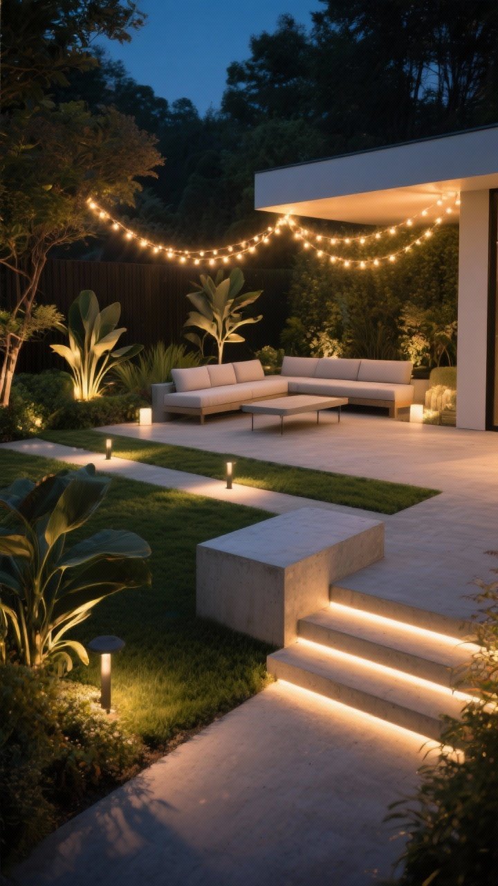 Photorealistic wide nighttime garden scene with smart lighting: warm LED string lights draped over a minimalist seating area; subtle path lights casting soft pools along a walkway; spotlights aimed at sculptural plants to create dramatic shadows and depth; strip LEDs tucked under a floating concrete bench and stair treads for an architect-designed glow; controlled, warm color temperature and balanced exposure to avoid glare, corner angle.