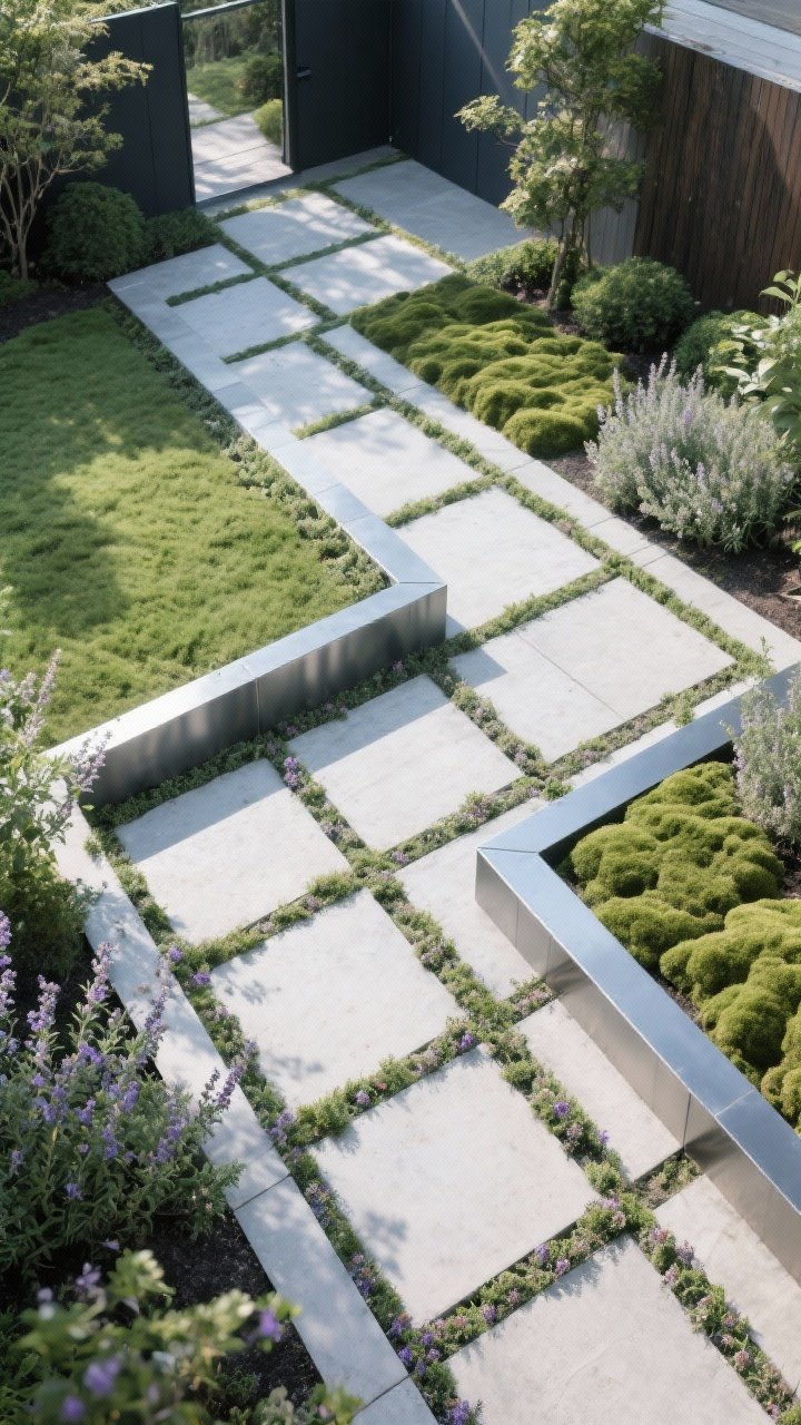 Photorealistic wide overhead view of a modern yard with graphic paths and edges: oversized square concrete pavers laid in a precise grid, seams filled with lush creeping thyme and patches of Irish moss; razor-sharp bed borders made from steel edging; a primary path subtly set on a diagonal to visually expand a small space; cool morning light emphasizing crisp shadows and the intentional, eyeliner-like definition.