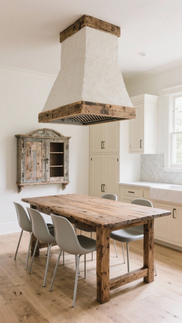 Photorealistic wide room shot balancing old wood with sleek lines: a reclaimed vintage farmhouse dining table centered, surrounded by modern molded plastic chairs with slim metal legs; nearby, Shaker cabinet doors in warm white with minimal linear tab hardware, thin-edge light quartz countertops, and a simple plaster-wrapped statement range hood with reclaimed wood trim. Include one hero vintage piece—a weathered wood hutch—against a wall, while the rest stays streamlined. Even natural daylight with gentle contrast; corner angle to capture the push-pull of rustic wood and clean silhouettes.