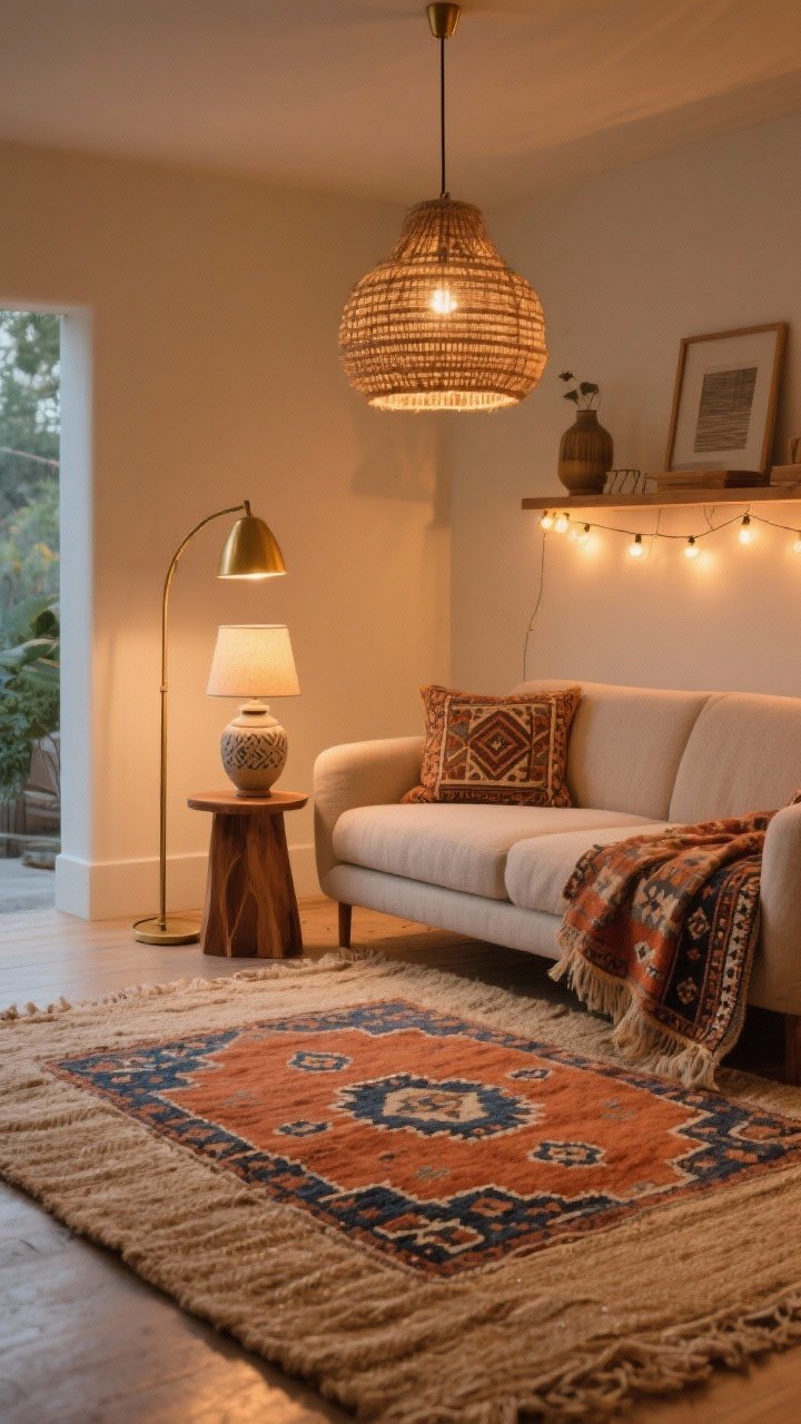 Photorealistic wide room shot emphasizing layered rugs and cozy lighting: a jute base rug topped with a slightly offset smaller vintage-look kilim/Moroccan-style rug in warm terracotta and indigo accents; lighting layered with a rattan pendant overhead, a brass floor lamp by the sofa, a ceramic table lamp on a mango wood side table, and subtle string lights along a shelf. Warm 2700K–3000K bulbs create a soft, glowy cocoon; dimmer-level ambiance for evening mood. Textures read clearly; no people.