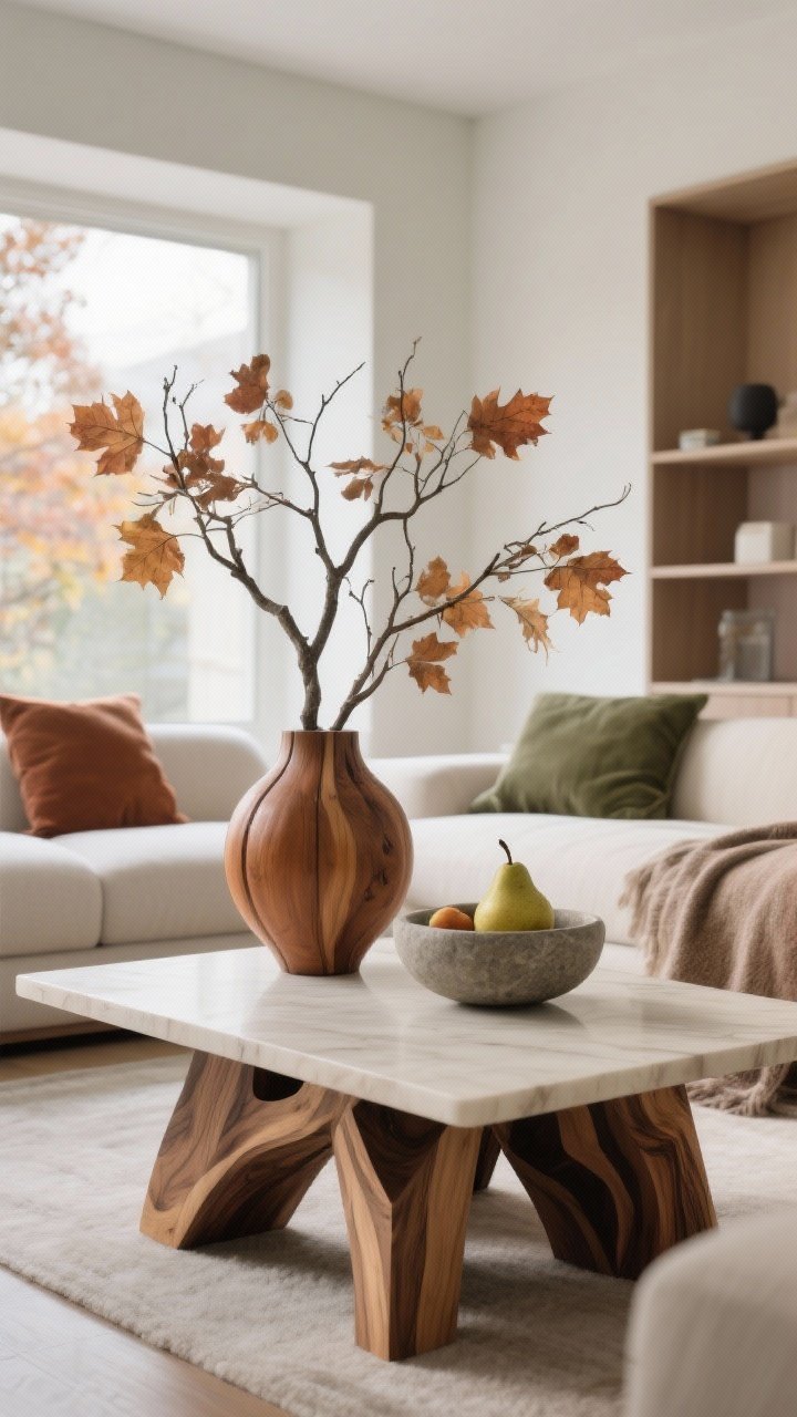 Photorealistic wide room shot, straight-on view: a modern living room coffee table styled with architectural branches—maple or oak with sculptural lines—arranged in a sculptural vase (choose low, wide or a medium vessel with a narrow neck to preserve sight lines). Include one subtle seasonal accent only, such as a stone fruit bowl with pears or a single matte ceramic pumpkin. Color story: soft rust, olive, and bone threaded through the vignette (vase, bowl, or textile). Dried stems convey longevity. Balanced heights and negative space, gentle daylight for a calm, modern fall mood.