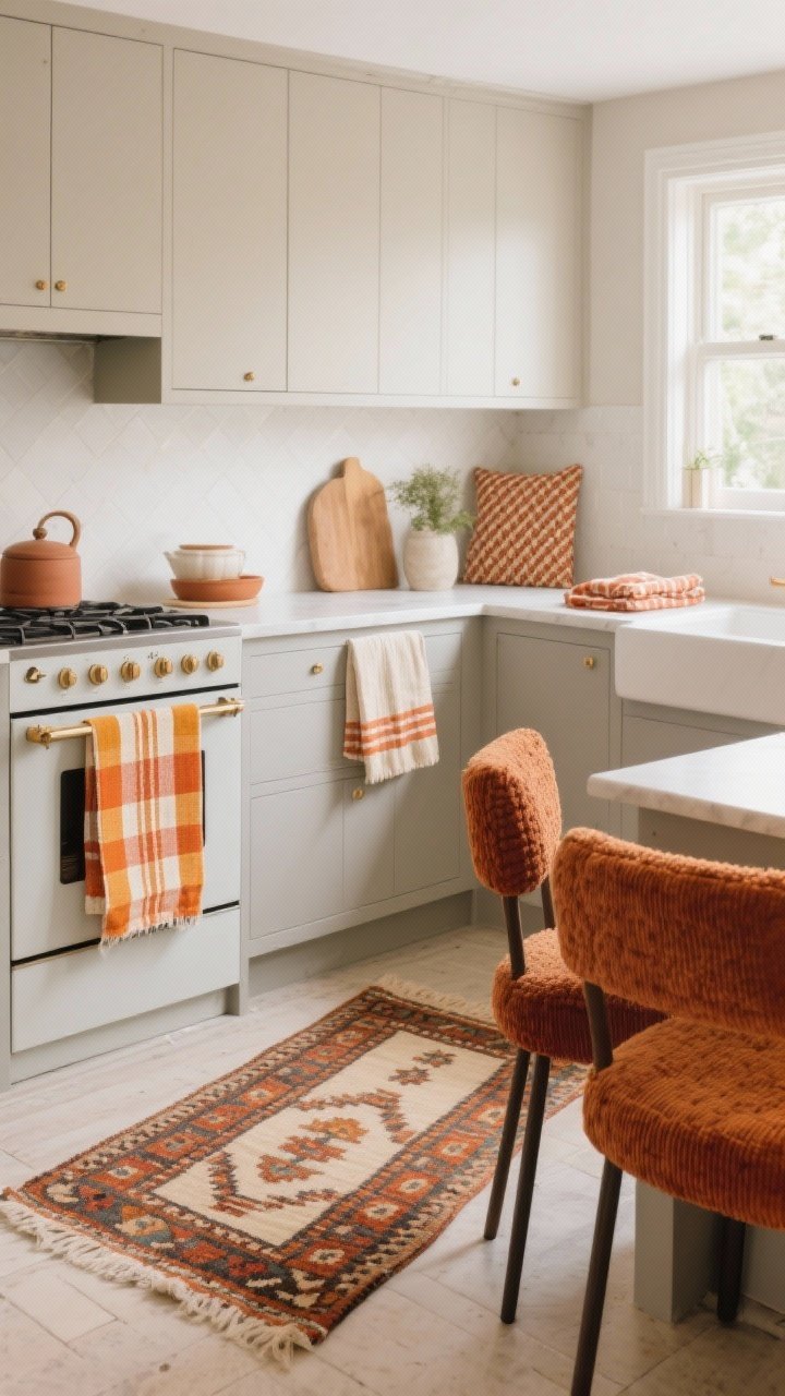 Photorealistic wide shot of a bright, neutral kitchen (beige/taupe/soft gray base) refreshed with textiles: waffle-weave and linen tea towels in burnt orange, ochre, and cream stripes draped on the oven handle, a low-pile kilim runner with vintage-look pattern along the floor, and chair pads in bouclé and corduroy in spice tones; include one bold plaid or herringbone pattern balanced by two solid textiles; echo rust-and-cream colors across towels and napkins; even daylight, corner angle capturing floor, seating, and lower cabinetry, crisp and clean