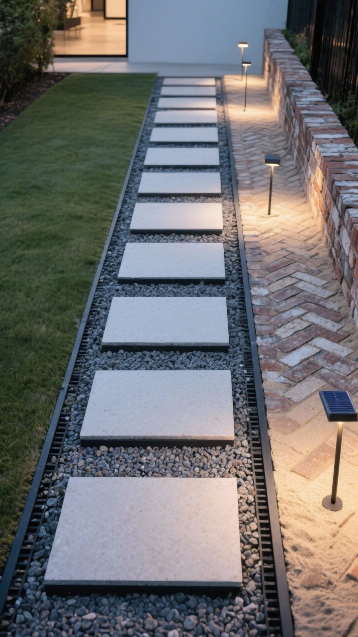 Photorealistic wide shot of a budget-friendly luxury path: large rectangular stepping stones set in a clean grid with fine gravel infill, edged with slim black steel for a crisp line. Alternate vignette within the same frame: a side segment showing recycled brick in a herringbone pattern over sand base. Subtle solar stake lights evenly spaced along the path edges, creating a soft, upscale glow at twilight. Slight corner angle to reveal depth and rhythm.