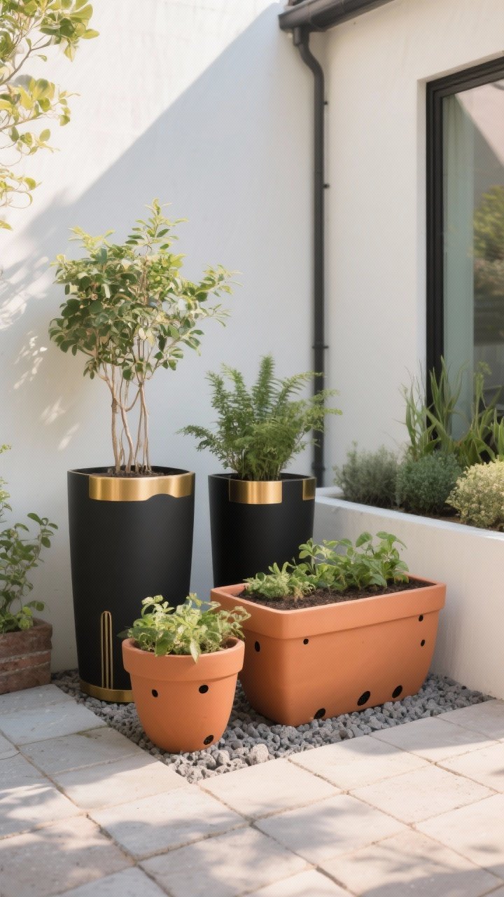 Photorealistic wide shot of a chic container garden composition on a compact patio: containers clustered in threes—one tall, one mid, one low—styled intentionally. Stick to a cohesive palette of terracotta, matte black, and brass accents, using lightweight fiberglass/resin planters. Include visible drainage holes and a thin base layer of coarse pumice at the soil surface edge. Corner angle with late afternoon light and soft shadows on pavers; overall look is curated, not random.