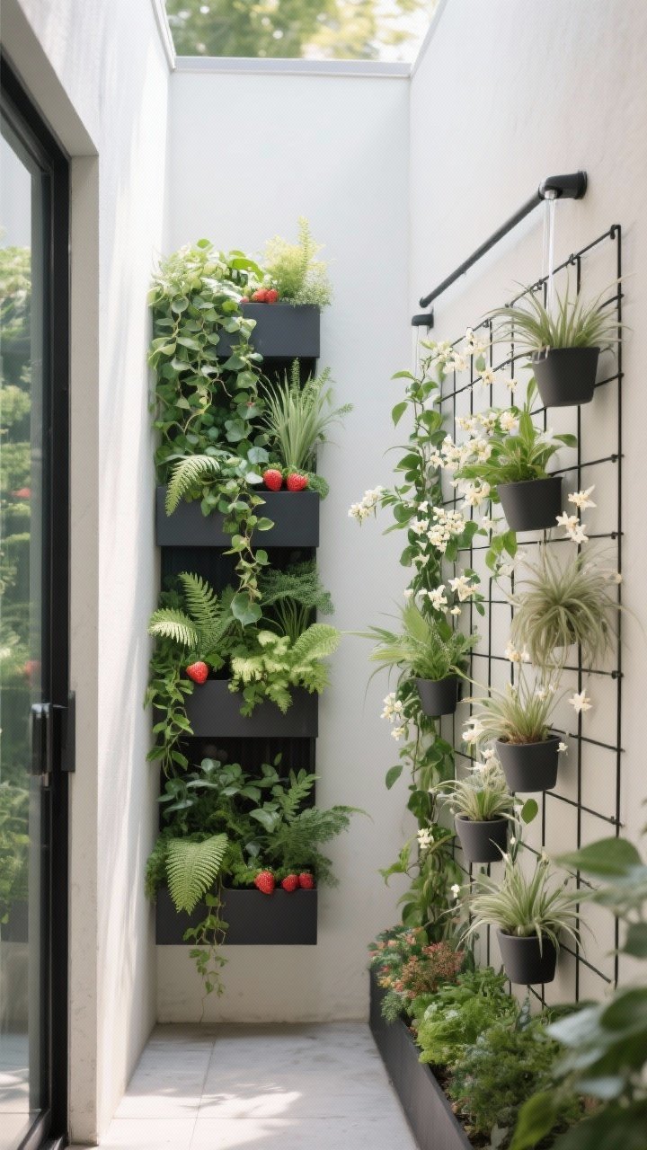 Photorealistic wide shot of a chic vertical garden on a narrow courtyard wall: modular wall planters filled with trailing ivy, ferns, strawberries, and herbs, alongside a trellis with star jasmine climbing; a black wire grid with clipped-on lightweight pots and tucked air plants; a discreet drip line installed at the top for gravity-fed watering; soft morning light, slight corner angle to show wall height and layered greenery, minimal floor footprint, modern and tidy.