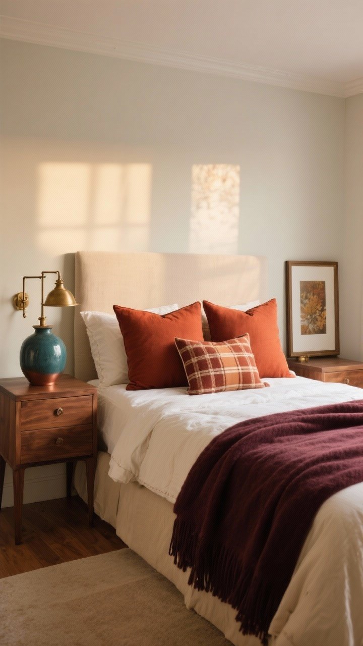 Photorealistic wide shot of a cohesive fall bedroom color story, straight-on: base bedding in warm neutrals (cream/oatmeal), anchored by deep rust pillows and a merlot or forest-toned throw at the foot. Accents include a single teal or copper vase on the nightstand and antique brass lamp hardware; walnut wood nightstands and picture frame. Keep patterns subtle within palette (a medium-scale plaid or block-print pillow). Layer color from largest to smallest surfaces; gentle late-afternoon light with a warm glow, no visual clutter.