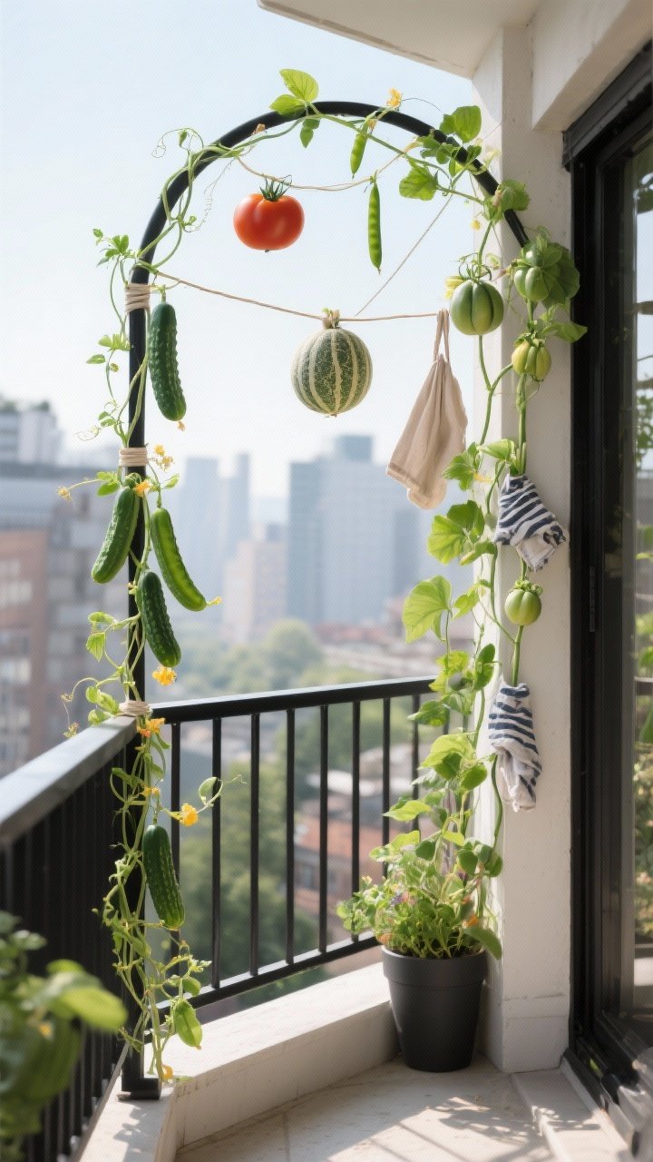Photorealistic wide shot of a compact balcony using railings and an arch: peas and beans twining up balcony cables, small cucumbers (‘Spacemaster’) climbing a slender pergola, an indeterminate tomato trained on string trellising from above, and mini melons (‘Minnesota Midget’) with soft fabric slings supporting fruit. Include soft plant ties (old t-shirt strips) gently securing stems. Bright midday light, city backdrop out of focus, matte black railings, verdant vertical growth, corner angle to show depth.