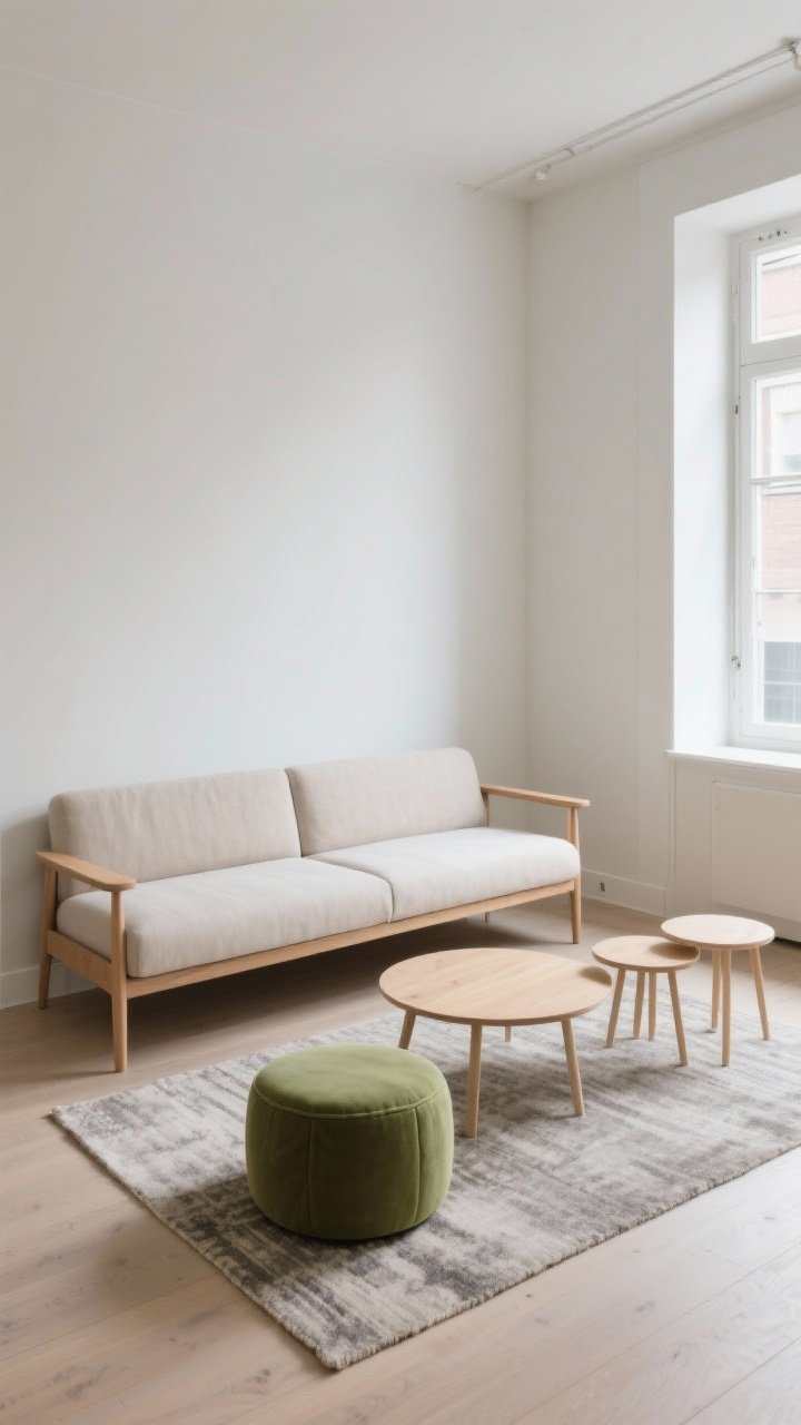 Photorealistic wide shot of a compact living room layout with furniture floated slightly off the walls for breathing room: a slim sofa with exposed wooden legs and narrow arms in a pale neutral fabric, front legs resting on a correctly sized rug to anchor the zone, at least 18 inches of walkway visible around the seating. Replace a bulky coffee table with a round upholstered ottoman in soft moss green and a set of lightweight nesting tables in light wood off to the side. Clean sightlines, airy feeling, natural daylight from a side window, corner angle that shows the space opening up.