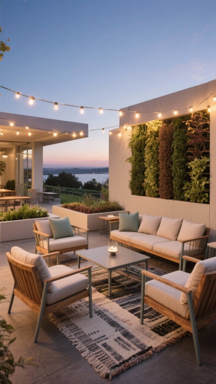 Photorealistic wide shot of a cozy, design-forward seating zone: clean-lined weatherproof furniture in teak and powder-coated aluminum arranged around a low table; bistro-scale layout under warm string lights; layered outdoor rugs and neutral cushions with a single muted accent color; seating oriented toward the best view—raised beds and a vertical planter wall—creating a destination feel; dusk ambiance with inviting glow, straight-on view.