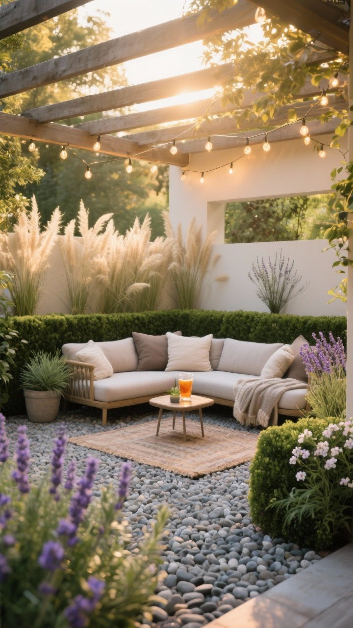 Photorealistic wide shot of a cozy garden “room”: defined seating nook bordered with low boxwood and airy ornamental grasses as “walls,” a pea gravel “floor,” and a pergola overhead acting as a “ceiling,” draped with string lights for intimacy. Include an outdoor rug under a compact seating set with plush cushions and throws, plus a small side table holding a glass of iced tea. Add nearby scented plants—lavender, rosemary, sweet alyssum—within arm’s reach. Golden-hour lighting for a magical, inviting mood, corner-angle perspective.