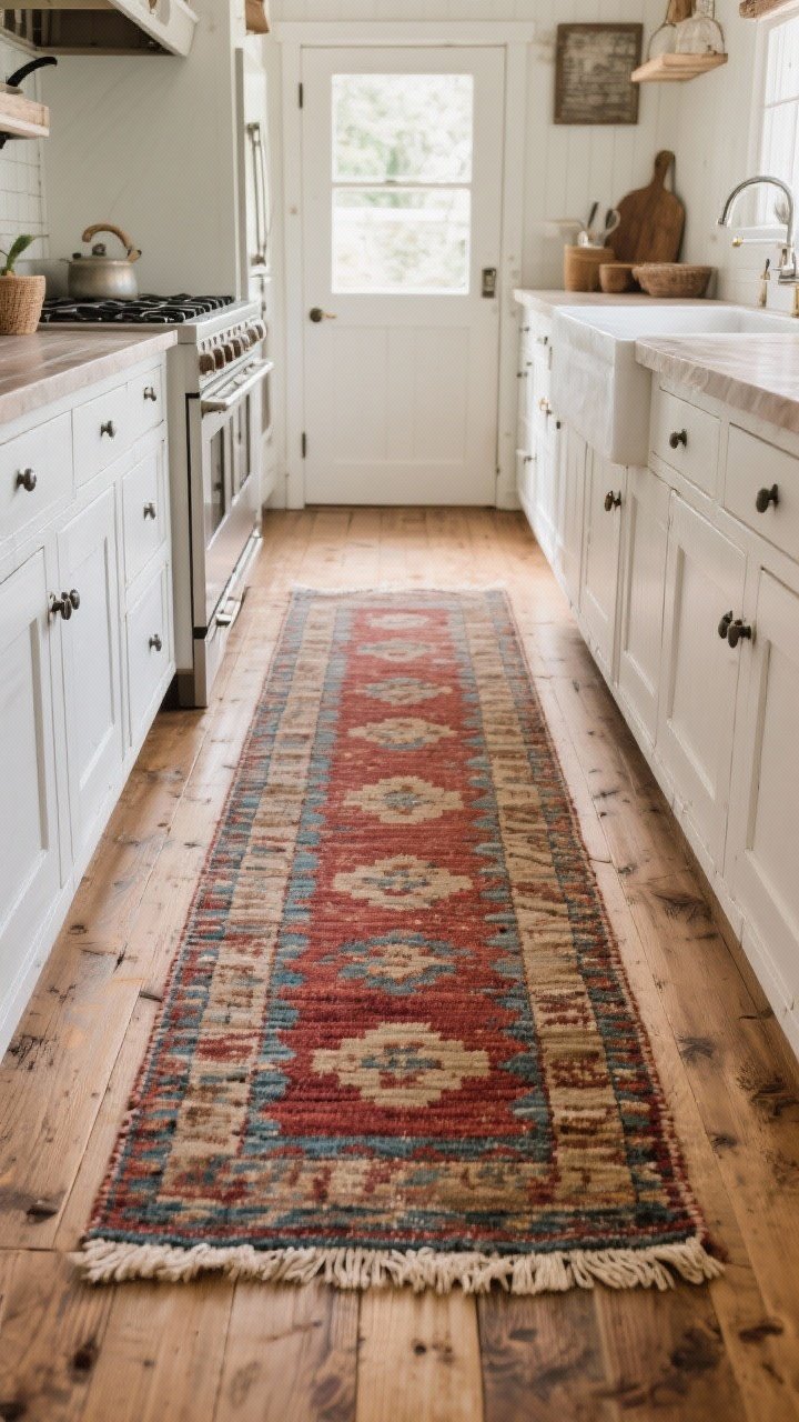 Photorealistic wide shot of a farmhouse kitchen floor with a vintage-inspired, low-pile washable runner anchoring the space: muted reds, faded blues, and earthy neutrals in a slightly distressed pattern. Show wood tones and crisp white cabinetry framing the runner. For a galley kitchen, depict a