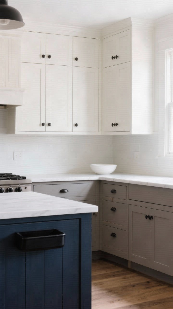 Photorealistic wide shot of a farmhouse kitchen showcasing a two-tone cabinet paint scheme, straight-on. Upper cabinets in soft white Alabaster, lower cabinets in warm gray (Agreeable Gray), with a contrasting island in deep navy; matte black bin pulls and classic round knobs on doors and drawers. Smooth, brushstroke-free painted surfaces, subtle satin sheen, clean lines. Natural daylight from a window to the right, white walls, simple palette of whites, woods, blacks, and one accent color. Optional styling: a simple white bowl on the island, no visual clutter. Emphasize the modern farmhouse mood: calm, custom, and cohesive.