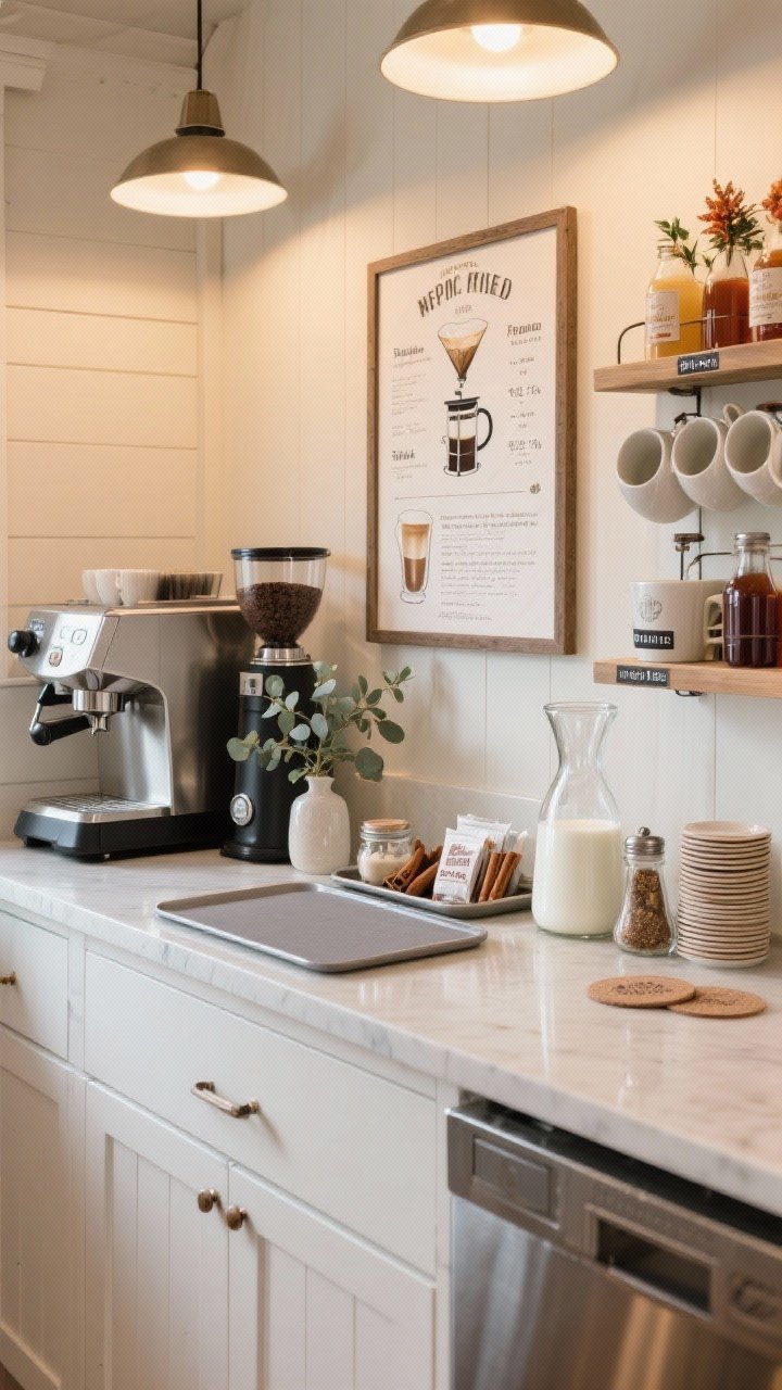 Photorealistic wide shot of a guest-ready farmhouse coffee bar arranged like a mini barista station: machine and grinder on the left, clear prep space in the middle with a wipeable tray under the milk frother, and serving area on the right; a framed recipe card with pour-over, French press, and latte ratios; a seasonal swap zone with rotating syrups and mugs; a labeled glass carafe for non-dairy milk plus a small jar of assorted sweetener packets; a mini tray with cinnamon, cocoa, and nutmeg shakers; coasters neatly stacked; a small plant or tiny vase with eucalyptus to soften the hardware; warm ambient lighting, straight-on view capturing the full, functional layout.