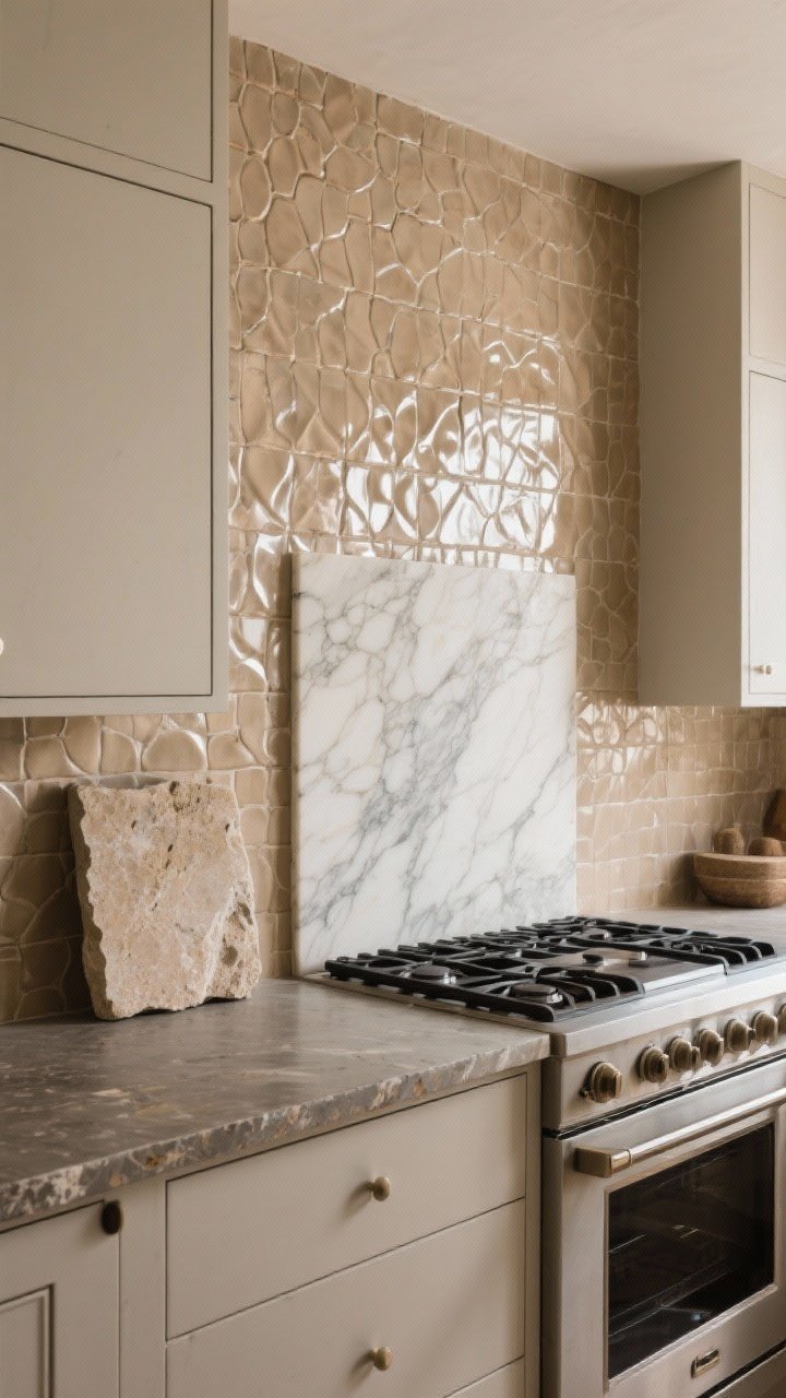 Photorealistic wide shot of a kitchen range wall showcasing a textured backsplash: handcrafted glossy zellige tiles in a warm neutral with slight variation and a single veined marble/quartz slab panel directly behind the range for a luxe focal point; matte soapstone countertops with subtle wear; a chunky travertine board leaning against the backsplash for layered texture; neutral cabinetry so the textures stand out; soft diffused daylight grazing the tile surface to reveal ripples and depth; no people, clean styling.