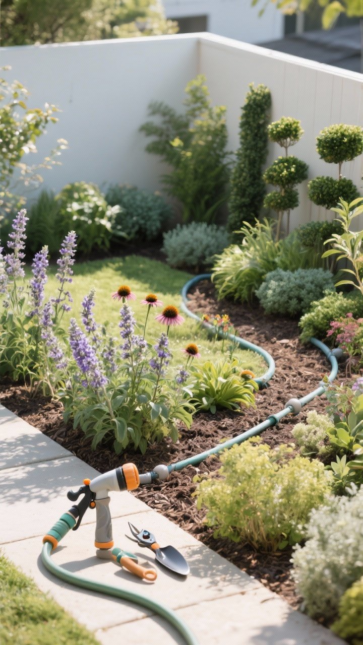 Photorealistic wide shot of a low-maintenance small garden that runs itself: drip irrigation lines discreetly mulched over, sun-loving perennials like salvia, yarrow, and coneflower in the sunny zone, shade-tolerant plants in shaded corners, and an evergreen backbone (box, pittosporum, dwarf conifers, or hebe) for year-round structure; a simple hose with sprayer, hand pruners, and a small trowel neatly placed; calm, bright natural light, slight corner angle showing zoned planting and easy-care systems.