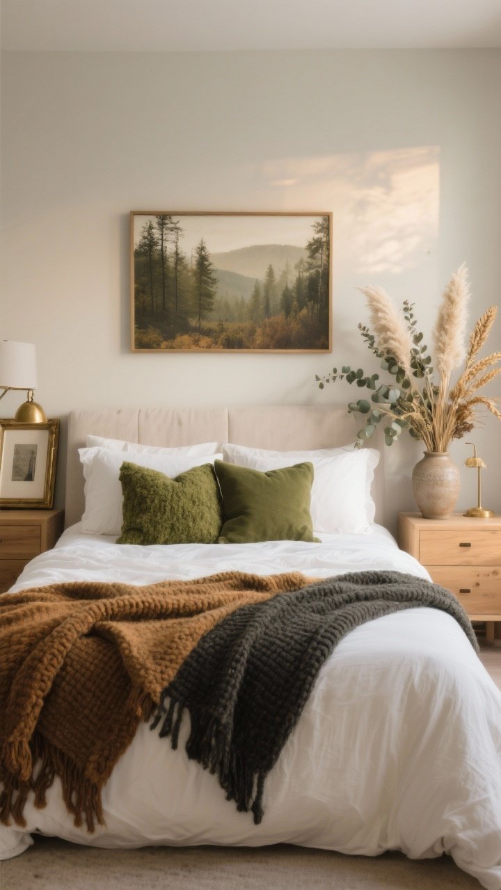 Photorealistic wide shot of a neutral bedroom refreshed with autumn colors via textiles and decor without paint: base of creamy white bedding and light wood furniture, layered accents in “Forest Retreat” palette—olive and moss throw pillows, a moss knit throw, charcoal bed runner, antique brass picture frame and lamp accents; art swap above the bed featuring a muted landscape; a dried floral arrangement of pampas, eucalyptus, and wheat in a ceramic vase on the dresser; subtle, warm late-afternoon light; overall balanced, sophisticated fall mood; no people; straight-on composition