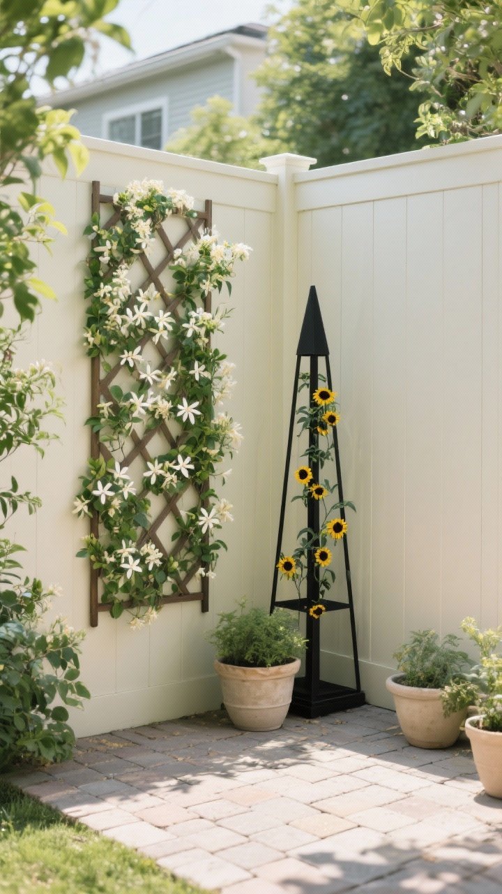 Photorealistic wide shot of a slim trellis installation against a light-colored fence creating Secret Garden vibes: sun-loving climbers like clematis and jasmine weaving up a wall-mounted trellis, with a freestanding black metal obelisk nearby supporting a black-eyed Susan vine; small corner patio with pavers and a few neutral pots; romantic, bright daylight with gentle shadows; intentional, vertical composition emphasizing height and airy greenery.