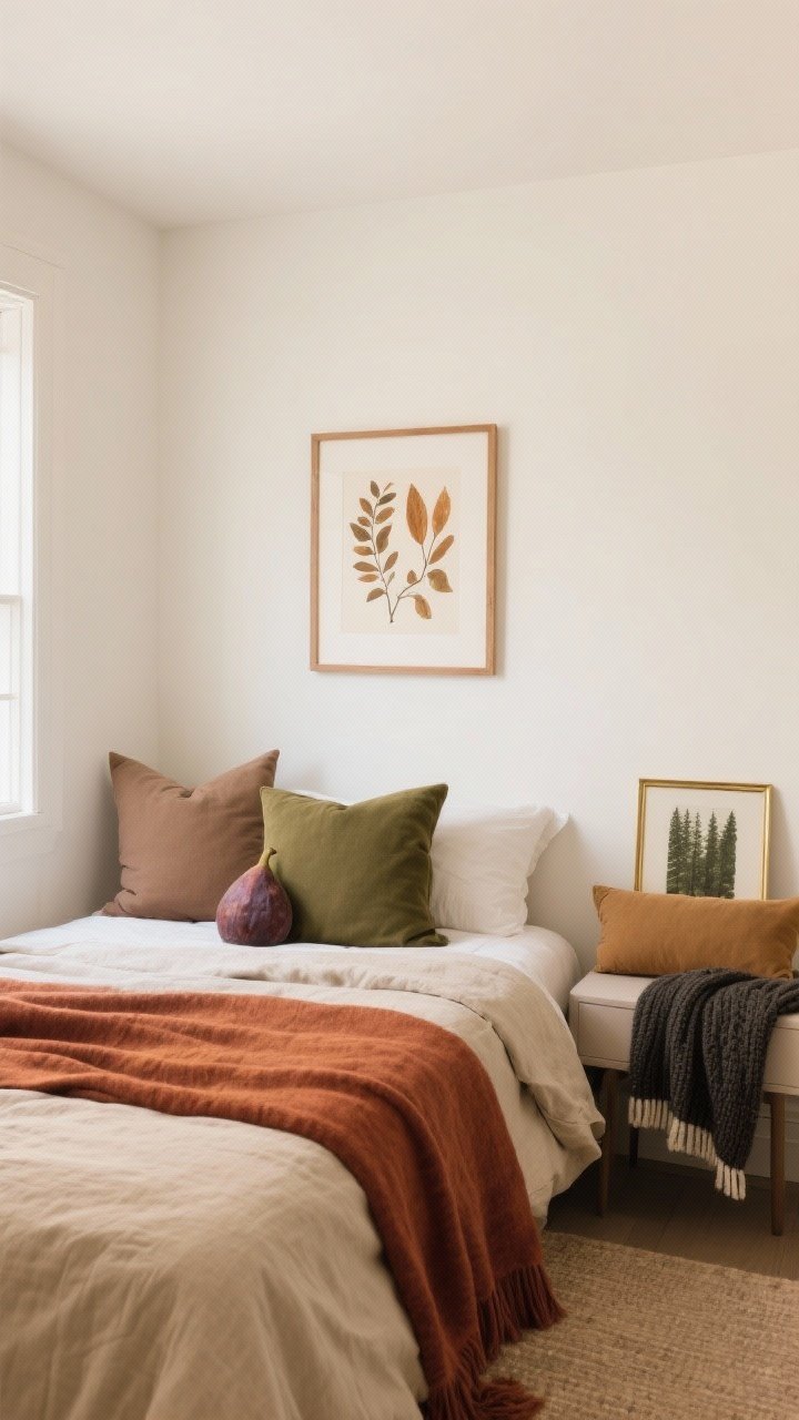 Photorealistic wide shot of a small, airy bedroom with light walls (white or cream) and fall colors introduced through textiles and art: bedding in oatmeal with a rust throw at the foot, olive accent pillows, and a minimalist wood-framed artwork featuring warm botanical tones repeated elsewhere. A second palette vignette option subtly present: warm taupe cushion, fig-colored pillow, and brass-framed print; or camel lumbar pillow, charcoal knit throw, and a forest-hued bedside detail—colors echoed three times for cohesion. Natural daylight with gentle warmth, streamlined styling to avoid visual shrinkage, and no heavy wall paint. Corner perspective to show the whole palette working together while keeping the room light.