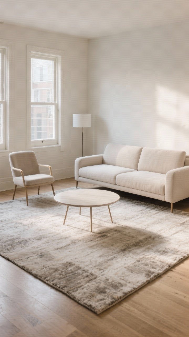 Photorealistic wide shot of a small living room where the sofa and a pair of slender, exposed-leg chairs are floated away from the walls on a large rug that tucks under the front legs, creating clear 24–30 inch pathways; include a round coffee table at center to soften edges and aid traffic flow; use a tight-back sofa with slim arms to avoid bulk; straight-on perspective showing breathable layout and airy flow; neutral rug with subtle texture, light upholstery, and natural daylight filling the room for an open, spacious feel