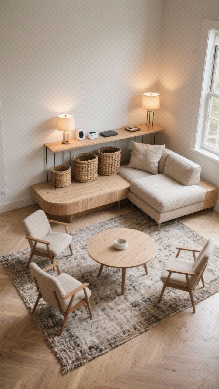 Photorealistic wide shot of a small living room with a floating seating island: a compact sofa and two chairs grouped around a round coffee table, all front legs resting on a large area rug that anchors the zone; a slim console table placed behind the floating sofa with two lamps, a charging station, and woven storage baskets; clear 30–36 inch pathways around the group for flow; soft neutral palette with warm wood, textured rug, and a mix of linen upholstery; curved round coffee table to avoid sharp corners; natural daylight from side windows plus warm lamp glow; shot from a corner angle to show the pathways wrapping around the island and the space feeling open