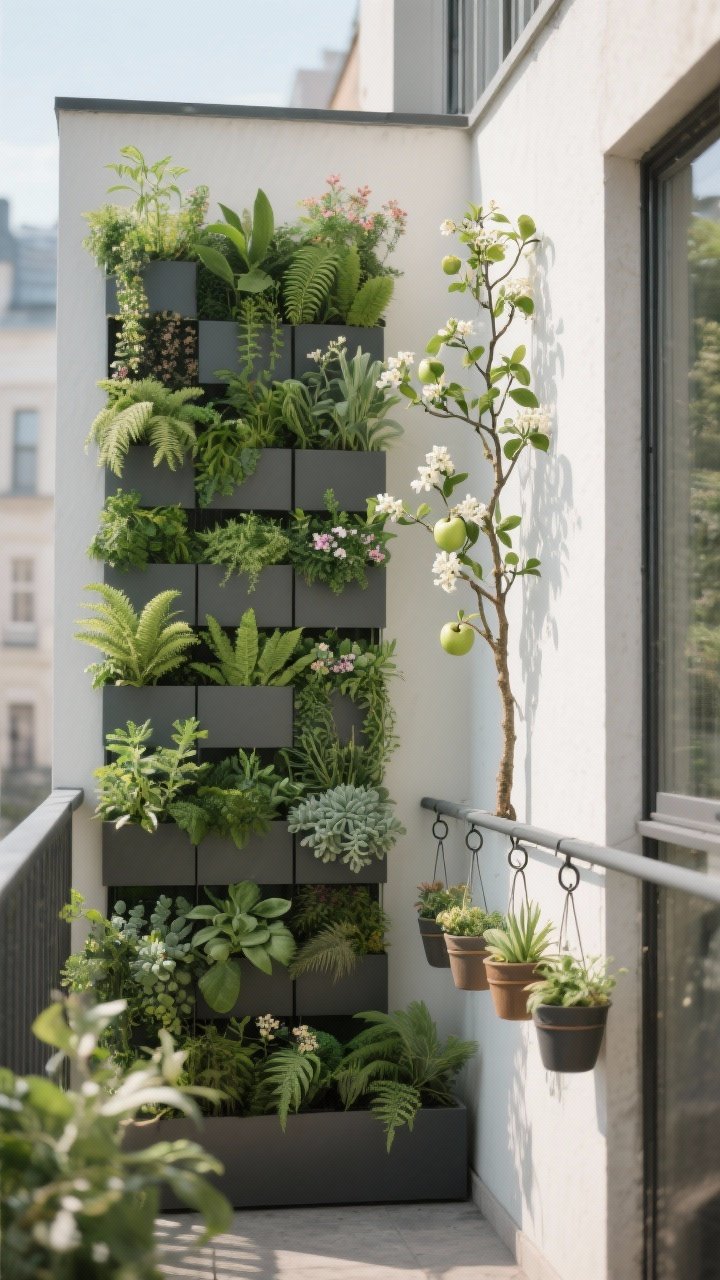 Photorealistic wide shot of a small urban balcony wall transformed into a vertical garden: a grid of modular wall planters forming a living mosaic of herbs, ferns, and succulents; a slim trellis with jasmine winding upward; an espaliered apple tree flat-trained against the wall; hanging rails along the balcony edge with planters on S-hooks (secured). Warm daylight, straight-on view to show height layering, plants doubling as a privacy screen and softening a stark fence. Clean, contemporary aesthetic with mixed green tones and subtle blooms.