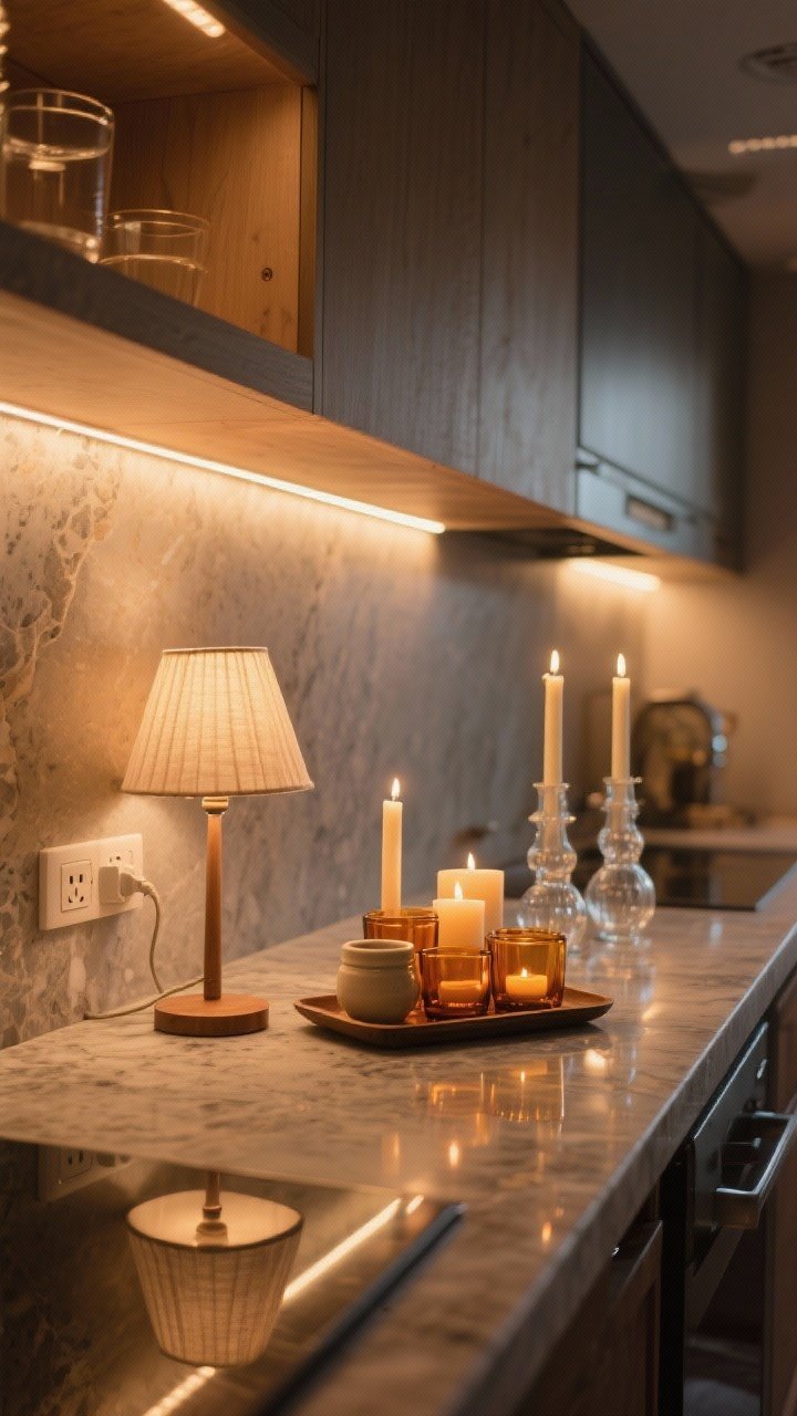 Photorealistic wide shot of a softly lit kitchen at dusk emphasizing layered warm lighting: under-cabinet LED strips casting an even counter glow, all bulbs at 2700K–3000K; a small table lamp on the counter with a pleated linen shade; plug-in dimmers visible at outlets. On a tray, a safe cluster of candles in amber glass and ceramic holders placed away from fabrics; nearby, a pair of flameless taper candles inside clear hurricane vases. Overall warm café ambiance with reflections on stone counters, overheads dimmed low, no people.