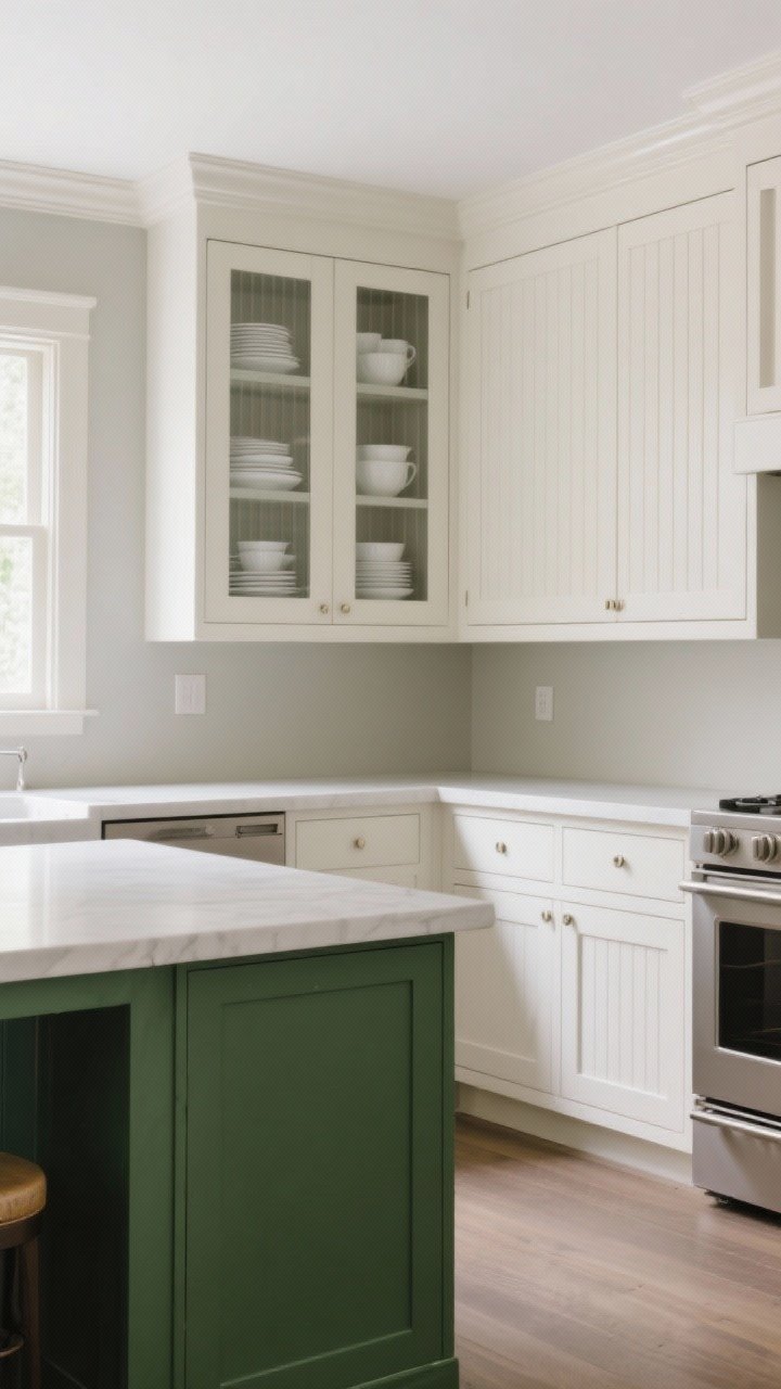 Photorealistic wide shot of a streamlined shaker kitchen with narrow-profile shaker doors painted warm white (Swiss Coffee) on the perimeter, a deep green island, flush toe-kicks and slim reveals, and a few upper cabinets with ribbed glass fronts showcasing neatly stacked white dishes; no ornate crown molding; muted greige walls; modern, clean lines; daylight washing in from the left to emphasize the crisp edges; camera at eye level from a corner angle to reveal the sleek silhouette and balanced cabinetry layout.