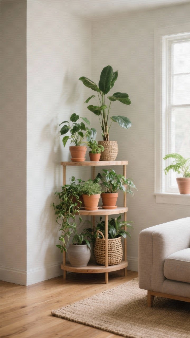 Photorealistic wide shot of a tiered plant stand in a compact living room corner, following the rule of thirds: tall plants on the top tier, medium-sized plants in the middle, trailing plants spilling from the bottom; mixed pot textures—terracotta, matte ceramic, and woven basket covers—kept within a cohesive neutral color family; subtle morning light, pale walls, and a calm, layered look; plant stand on a wood floor with a simple jute rug; composition straight-on, emphasizing height and depth.