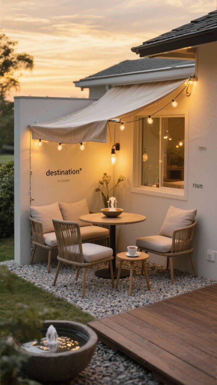 Photorealistic wide shot of a tiny “destination” nook set within 6 feet: a compact bistro set on a defined gravel pad contrasting with adjacent decking, cushions on the chairs, a small side table for coffee, and string lights or a petite shade sail overhead for vertical coziness; include a tabletop fountain or shallow water bowl for spa-like ambiance; golden evening glow, overhead three-quarter angle to show the separate “room” feel.