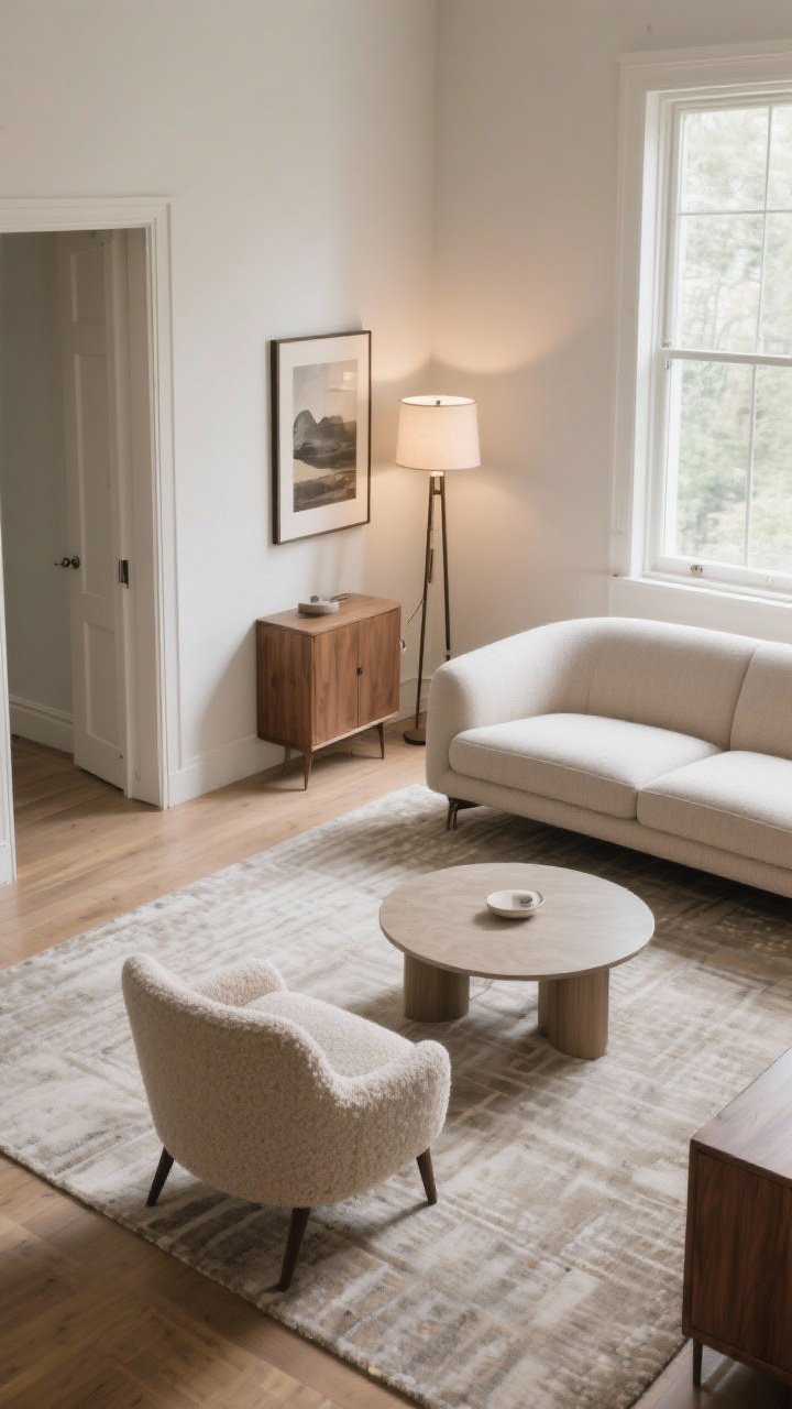 Photorealistic wide shot showcasing a diagonal layout: the sofa angled toward a corner focal point composed of a tall floor lamp, framed art, and a compact corner cabinet; sightline intentionally directed toward a bright window to extend the view; complementary curved pieces, including a rounded side chair and an oval coffee table, to soften angles; layered textures—smooth wood cabinet, boucle or soft-texture chair, and a low-pile rug; balanced natural light with subtle lamp glow; overhead-perspective tilt capturing the dynamic diagonal flow and better circulation around doorways