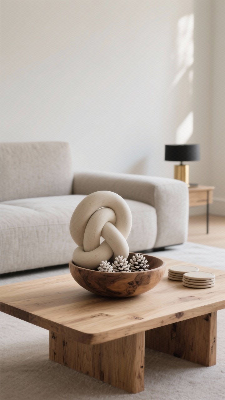 Photorealistic wide shot, straight-on, of a minimalist living room showcasing “Sculptural Simplicity: One Statement, Zero Clutter”: a beautiful natural wood coffee table with one large statement piece roughly one-third the table’s width—an oversized ceramic knot in layered neutrals (beige, cream, sand) or a carved wood bowl filled with bleached pinecones. Keep abundant negative space on the tabletop; optionally place a sleek set of neutral coasters tucked beside the statement piece. Palette limited to cream, taupe, gray with subtle black/brass contrast in nearby accents; soft daylight washes across the scene to highlight wood grain and the sculptural form. No people, calm and edited mood.