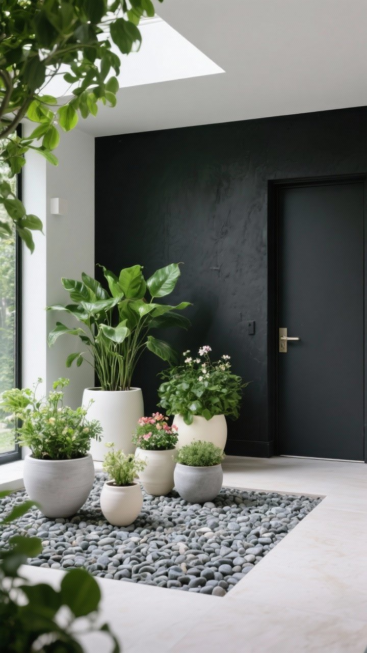 Photorealistic wide shot using color to enlarge the space: airy white, cream, and pale gray pots clustered on a mat of pea gravel with a dark charcoal wall behind to make green foliage pop and visually recede. Emphasize a mostly monochrome green-on-green planting with a few bloom accents; repeat a single accent color from a nearby door in select planters. Straight-on composition, bright but diffused daylight, textures of gravel and smooth ceramics clearly rendered.
