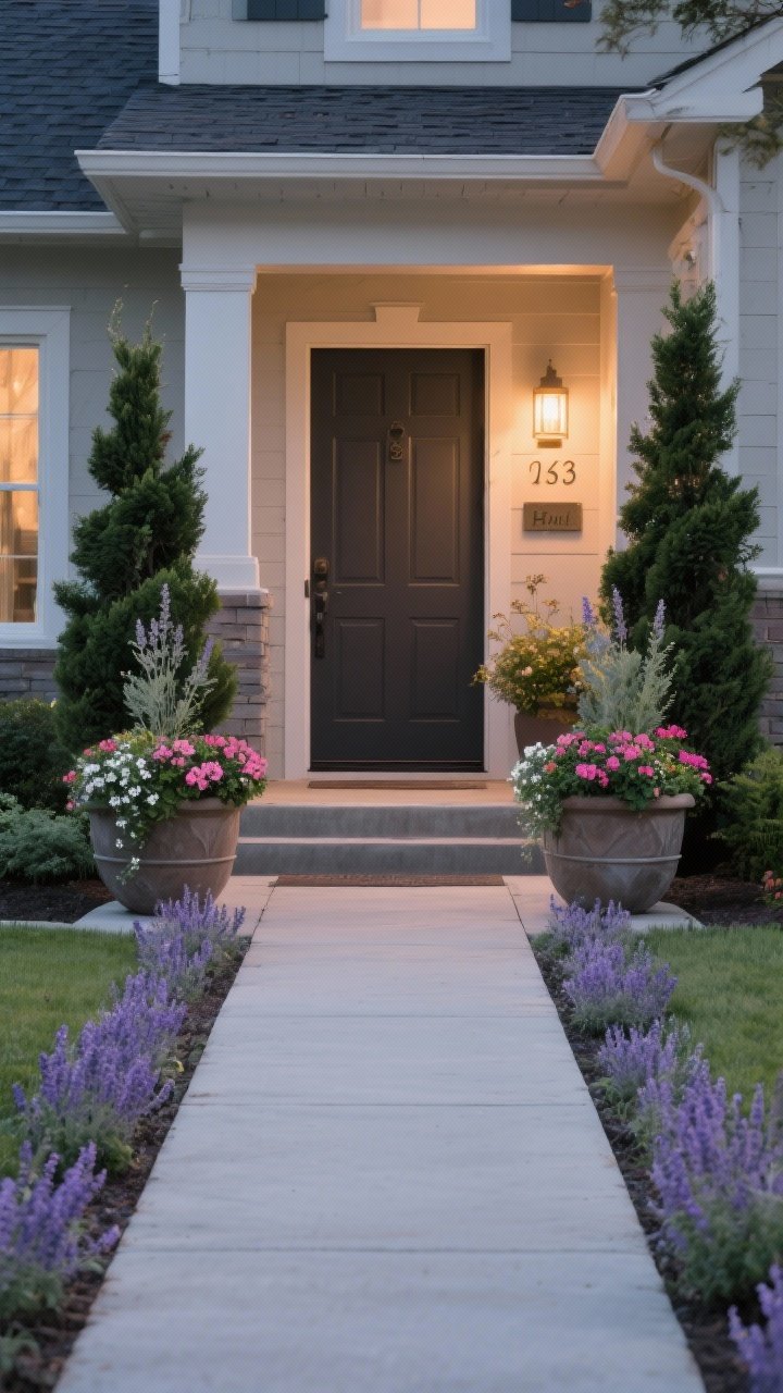 Photorealistic wide, straight-on shot of a welcoming entry path: symmetrical matching planters flanking the front door with structured evergreens paired with airy bloomers; low edges of lavender and catmint lining the walkway for movement and scent; seasonal annuals in entry pots (e.g., geraniums for summer) adding color; a tasteful house number plaque and a warm, understated wall light near the door. Clean path lines, dusk lighting just beginning to glow, balanced textures.
