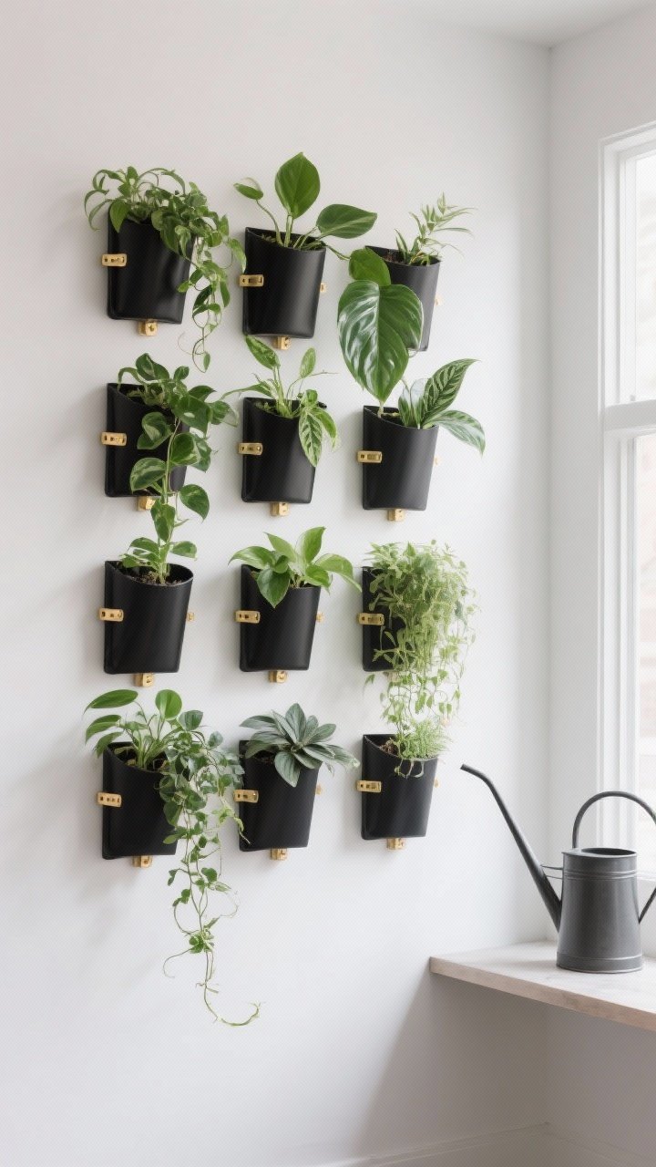 Straight-on interior wall shot of a vertical garden that doubles as wall art: a grid of wall-mounted matte-black pocket planters with contrasting brass mounting hardware. Pockets filled with pothos, philodendron, peperomia, and trailing ivy, staggered to vary height and leaf shapes for texture. Soft indoor ambient lighting with subtle window light from the side. Clean white wall backdrop, sleek modern aesthetic, long-spout watering can on a nearby shelf.