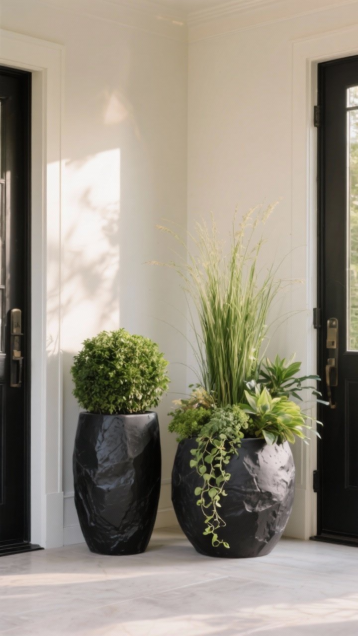 Straight-on medium entry vignette featuring statement containers: two oversized 24–30 inch tall planters in matte black flanking a doorway corner; one planter styled monochrome with lush green foliage; another using thriller-filler-spiller composition (tall central grass, mid-height foliage, and trailing vine); subtle texture on planters suggests a DIY spray-paint stone effect; soft late afternoon light for a luxurious, calm mood.