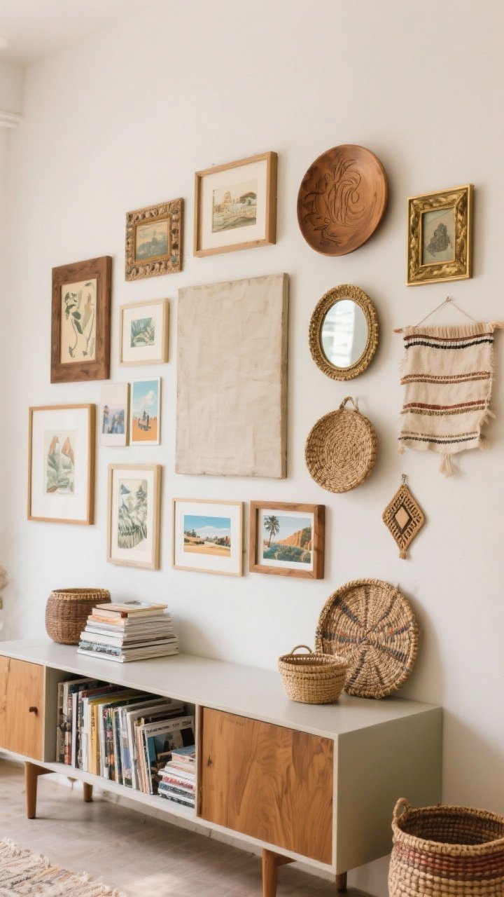 Straight-on medium shot — A boho gallery wall arranged organically: start with a large off-center canvas, then build out with mismatched frames, vintage art prints, postcards, a small round mirror, flat woven baskets, and a mounted textile fragment; include a few dimensional objects like a shallow carved wood plate; frames in mixed woods and brass; a credenza below with a stack of travel photos and a handmade piece; soft ambient daylight, collected vibe, no matching frames, photorealistic.