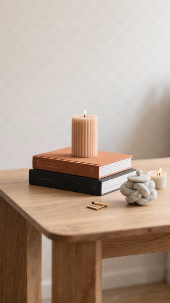 Straight-on medium shot: a neat stack of two to three coffee table books with warm-toned covers (terracotta, caramel, charcoal) centered on a light oak table. On top sits a chunky ribbed pillar candle (unscented), and beside the stack a small sculptural object—a marble knot—balances the composition. Optional ceramic lidded candle and a match striker add subtle detail. Palette: warm neutrals with charcoal accents. Soft diffuse daylight, cozy minimal aesthetic, clean background. No people, photorealistic.