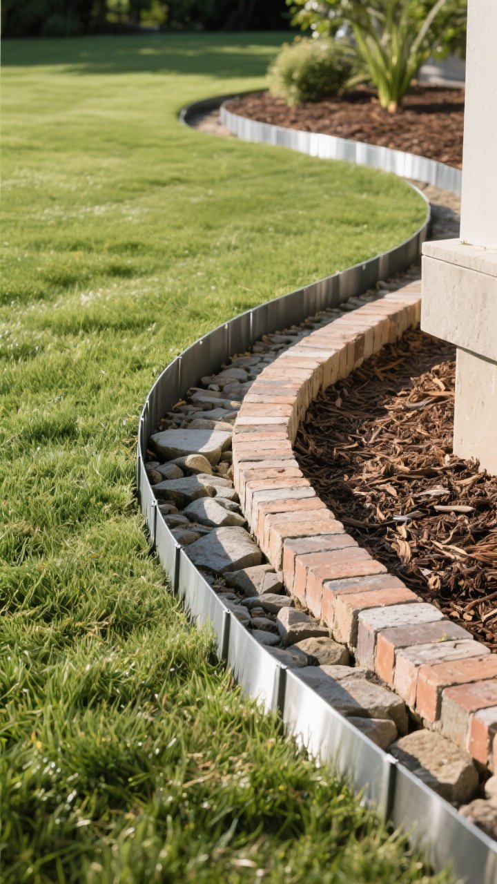 Straight-on medium shot: A professionally finished garden edge separating turf and a mulched bed. Include three edging types in a continuous scene: sleek steel/aluminum edging along a gentle curve, a short run of dry-fit stone/brick edging, and a natural trench edge near a corner. Mulch cleanly contained, grass trimmed, soft curving lines, bright daylight for crisp shadows.