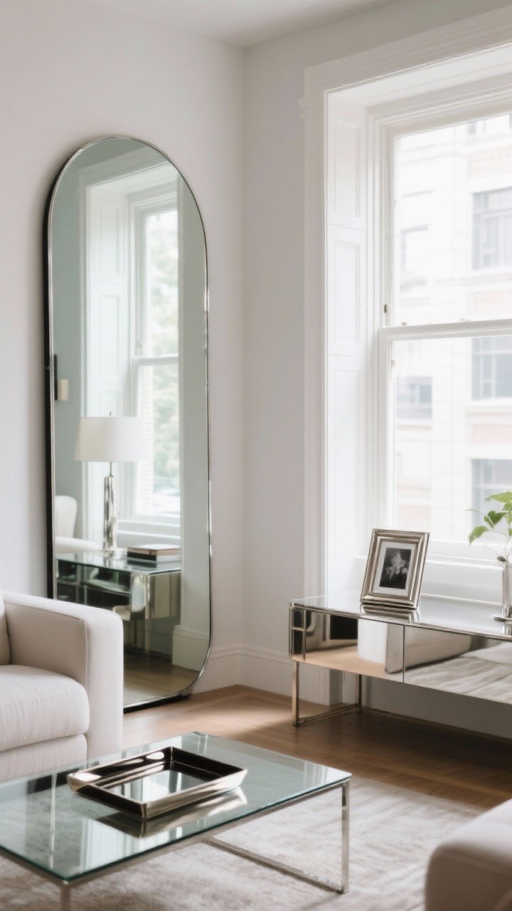 Straight-on medium shot: A small living room vignette featuring one oversized mirror placed directly across from a window to bounce daylight; choose a tall, lean mirror style to add height without bulk. Complement with a few glossy accents—a lacquer tray on a glass coffee table and a metallic photo frame on a console—adding sheen without clutter. Bright daytime reflections, airy and polished feel, restrained shine, no people, photorealistic.