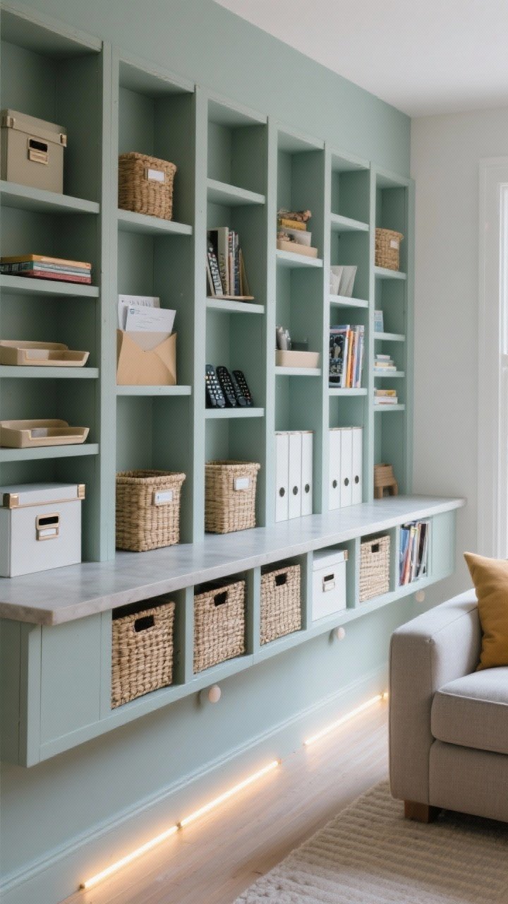Straight-on medium shot: DIY built-ins along one wall of a small living room. A series of matching narrow bookcases run wall-to-wall with a simple counter slab on top, all painted the exact same color as the wall for a custom, minimal-clutter look. Lidded baskets hide tech; vertical file boxes corral mail and magazines; trays organize remotes. Add subtle LED strip or puck lights under shelves for a soft glow. Tidy, tailored, intentional storage-first design, photorealistic.