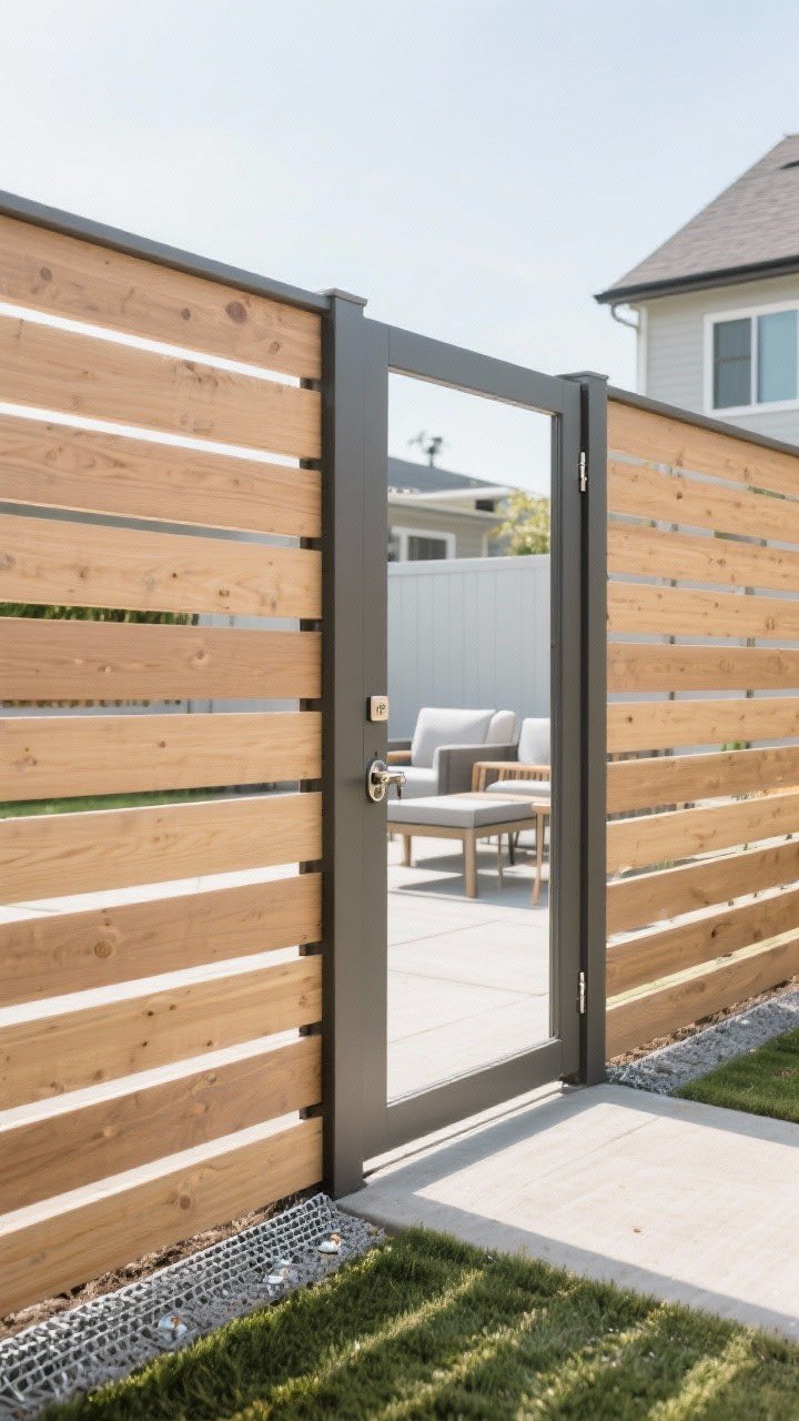 Straight-on medium shot: modern horizontal slatted fencing forming a private dog run, cedar or composite boards with 1–2" spacing, a matching gate featuring self-closing hinges and a concealed latch; base of fence lined with galvanized hardware cloth buried down 12" indicated by a subtle exposed section; fence height 6 ft; clean modern patio furniture glimpsed beyond with clear sightlines; bright but softened daylight.
