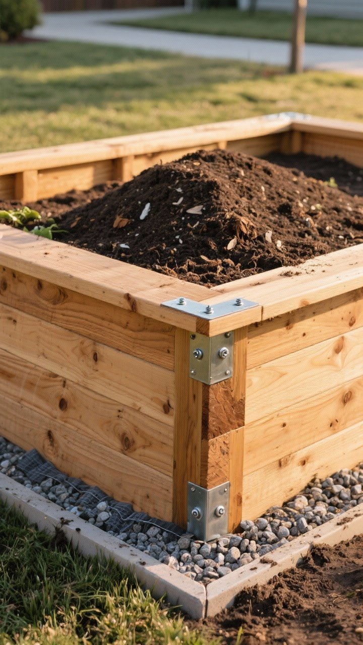 Straight-on medium shot of a cedar raised bed built 4' x 8' x 14" high with clean, rot-resistant cedar 2x10s, metal corner braces and deck screws visible for strength; interior soil blend mounded slightly (40% topsoil, 40% compost, 20% coarse perlite/pine fines), perlite flecks readable; breathable landscape fabric visible at the base edge; a narrow gravel border crisply frames the bed for clean lines and fewer mud splashes; late afternoon warm light highlighting wood grain; tidy yard, no people.