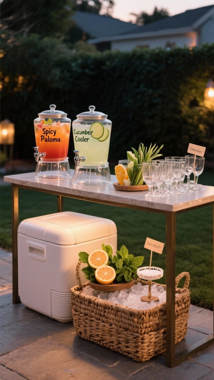 Straight-on medium shot of a chic serve-yourself bar on a backyard console table: clearly defined zones with drinks and glass dispensers on one side, glassware and labeled garnishes on the other; one batched “Spicy Paloma” and a matching “Cucumber Cooler” mocktail in glass beverage dispensers with tags; a large ice cooler hidden inside a woven basket beneath; a small garnish bar with citrus wheels, mint, and a salted rim station; warm ambient evening lighting.