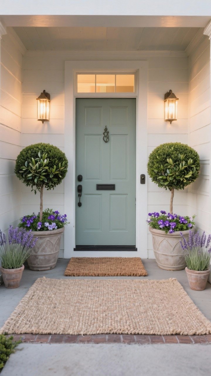 Straight-on medium shot of a front entry: symmetrical matching planters flanking a painted door, each with a clipped topiary (bay laurel or compact olive) underplanted with seasonal color like violas; layered doormats—a large neutral outdoor rug beneath a textured coir mat; subtle wall sconces casting warm evening light; pots of dwarf lavender near the threshold for scent; photorealistic, crisp and elegant.