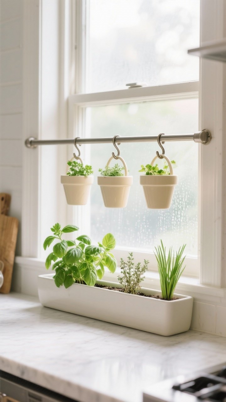 Straight-on medium shot of a kitchen window herb bar: a tension rod across a sunny window with S-hooks suspending small cream ceramic pots; a slim sill trough planter below. Herb pairings visible: basil + parsley together, thyme + oregano together, chives solo. Bright natural light, slight condensation hinting at kitchen warmth, fresh green leaves, clean minimalist styling, pots drained and tidy.