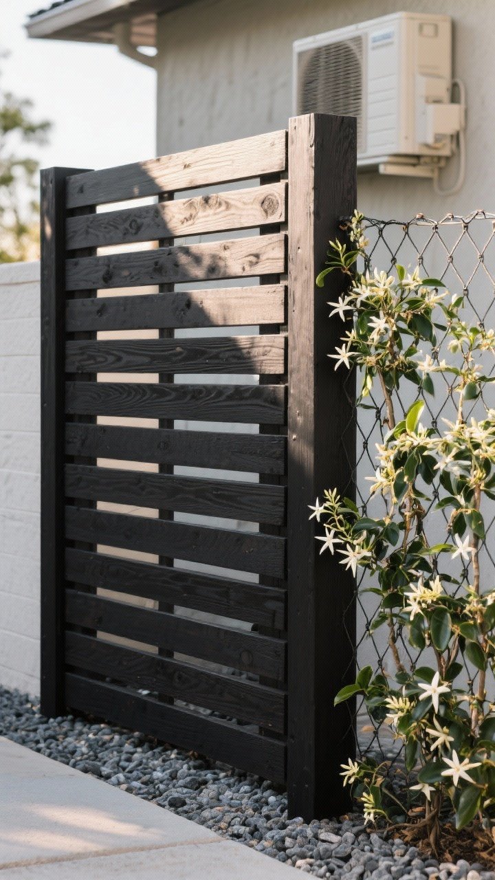 Straight-on medium shot of a modern vertical solution: a cedar wood slat privacy screen painted dark bronze/black for designer contrast, 1x2 boards spaced 1 inch apart on sturdy vertical posts; to one side, a wire cattle panel trellis attached to posts supports climbing star jasmine with tidy vines and glossy leaves; background AC unit subtly hidden by the screen; late afternoon sun grazing the slats to show texture and depth; clean gravel footing; no people.