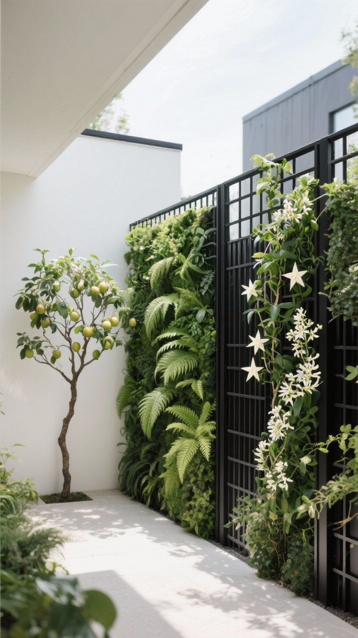Straight-on medium shot of a privacy-focused vertical garden along a modern black powder-coated grid panel fence: espaliered fruit tree trained flat against the wall, a modular living wall filled with ferns and ivy, and star jasmine and clematis climbing on trellises; lush, layered greenery with dramatic vertical lines; bright diffused daylight; photorealistic, crisp detail with the black framework subtly receding behind foliage.